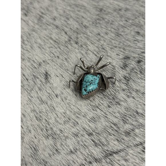 Native American Sterling Silver Turquoise Nugget Beetle Spider Bug Pin Brooch - Picture 10 of 13